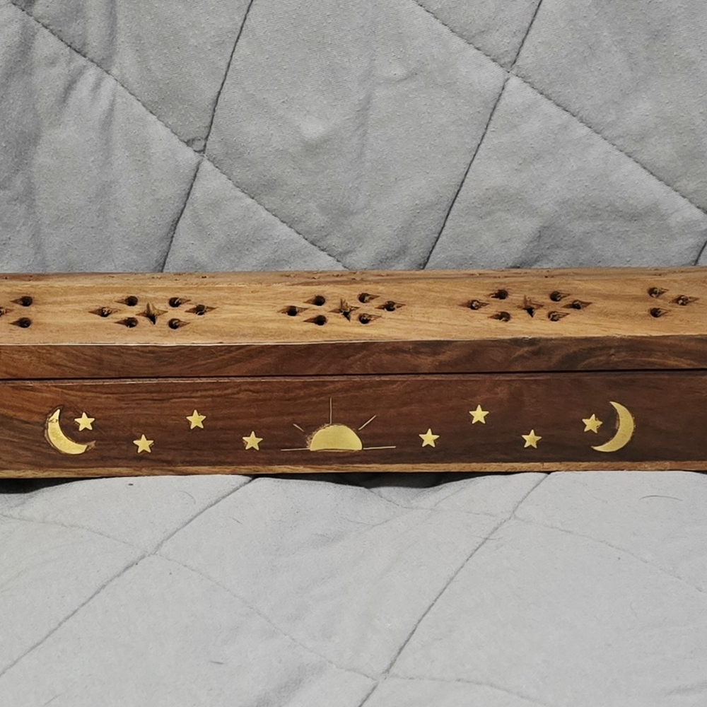 Wooden Incense Holder with Gold Sun and Moon Design - NWOT